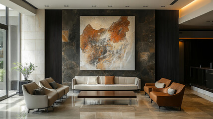 Contemporary living area featuring an abstract wall painting, layered earthy tones, and minimalist decor elements
