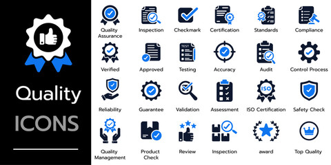 Quality Icon Set.quality assurance symbols, Certification, Verified, inspection, standards, compliance and more. Solid vector icons collection, for manufacturing, industrial, and business