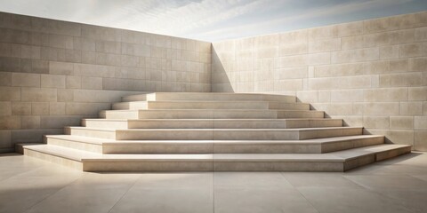 Fototapeta premium Elevated Stone Steps Against a Wall of Beige Tiles Under a Bright Sky