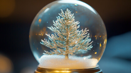 Crystal Clear Snow Globe Featuring a Miniature Pine Tree and Sparkling Snowflakes