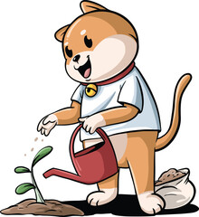Naklejka premium cute smiling cat cartoon design planting a tree