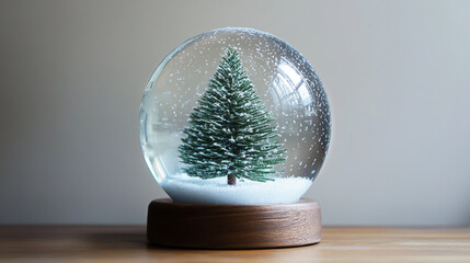 Crystal Clear Snow Globe Featuring a Miniature Pine Tree and Sparkling Snowflakes