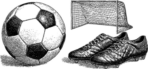 Engraved vintage soccer set: ball, goal, and boots for sports design and decor