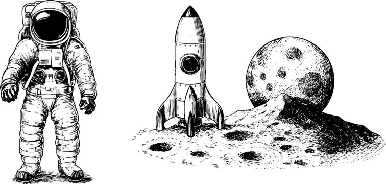 Vintage exploration: astronaut, space rocket, and lunar surface engraving for design