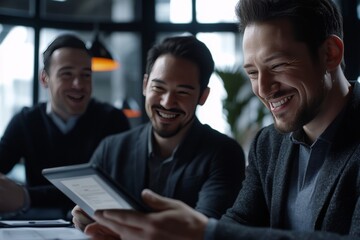 Business colleagues laughing at joke on tablet