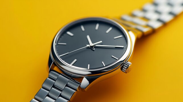 A stylish women's wristwatch, featuring an analog display and a metal or silver band. Shown against a yellow backdrop.
 