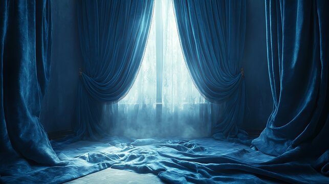 Velvet Serenity: A Calming Interior Scene with Blue Curtains and Soft Light - Powered by Adobe