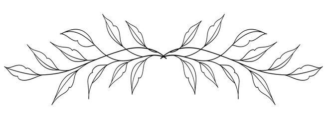 floral leaves line art isolated on white background. Divider doodle leaf and flowers, nature border decorative element vector illustration