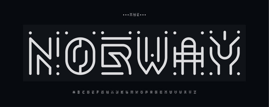 Runic techno alphabet, modular wireframe font, abstract scandinavian typescript for cyber branding, futuristic headline style, digital sci-fi typography, nordic typographic design. Vector typeset