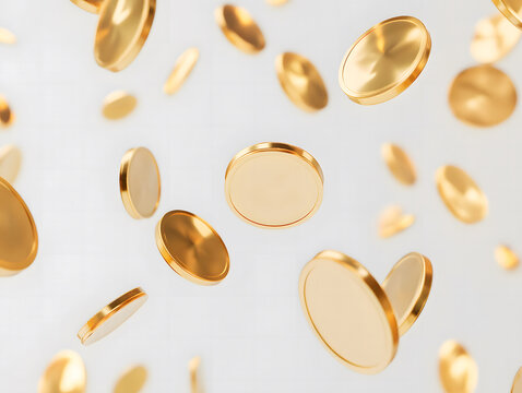 Falling Gold Coins on White Background, Gold Coin Drop on White Backdrop, Scattered Golden Coins with White Background, White Background with Falling Coins, Gold Money Rain on White Surface
