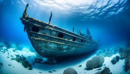 submerged vessel remains underwater exploration of an oceanic shipwreck in a blue aquatic realm