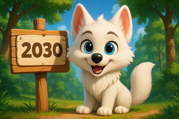 
Cute Cartoon Wolf with '2030' Sign in a Forest
