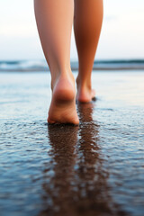 Woman walking barefoot on the beach at ebb tide. Close-up of female legs and feet.