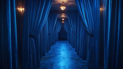 Fototapeta premium Intriguing tunnel vision of vibrant blue curtains, illuminated by soft lighting