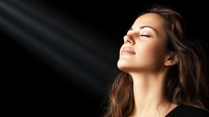 woman feeling spirituality through light beams with closed eyes