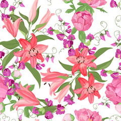 Peonies and lilies on a white background. Seamless vector illustration with delicate flowers. For decorating textiles, packaging.