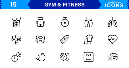 Modern Gym and Fitness Icons Showcasing Dumbbells, Muscles, Routines, Bodybuilding, and Active Lifestyle in an SEO-Optimized Vector Format