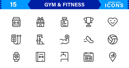 Modern Gym and Fitness Icons Showcasing Dumbbells, Muscles, Routines, Bodybuilding, and Active Lifestyle in an SEO-Optimized Vector Format