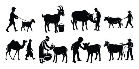 Qurbani Animal Care Silhouettes Eid al Adha Goat, Cow, Camel and Farmer Scenes

