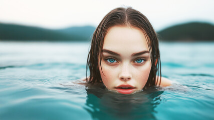 young woman swimming in lagoon with turquoise water at dusk
