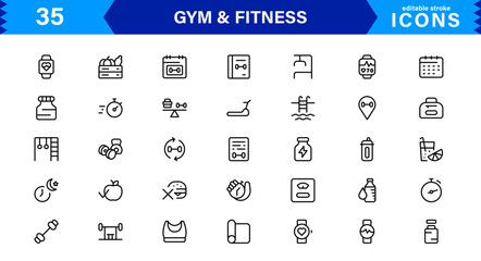 Modern Gym and Fitness Icons Showcasing Dumbbells, Muscles, Routines, Bodybuilding, and Active Lifestyle in an SEO-Optimized Vector Format