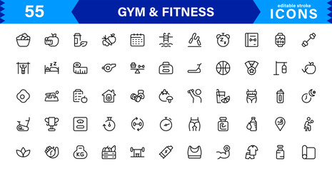 Modern Gym and Fitness Icons Showcasing Dumbbells, Muscles, Routines, Bodybuilding, and Active Lifestyle in an SEO-Optimized Vector Format