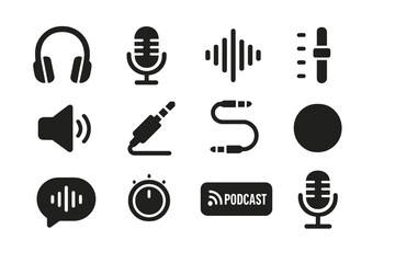 Podcast and audio equipment icons on dark background