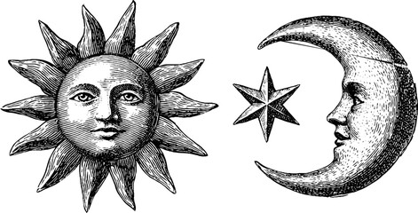 Vintage engraved celestial illustrations of sun, moon, and star for artistic designs