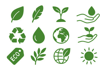 Green eco icons: sustainability, nature, recycling, renewable energy, conservation symbols
