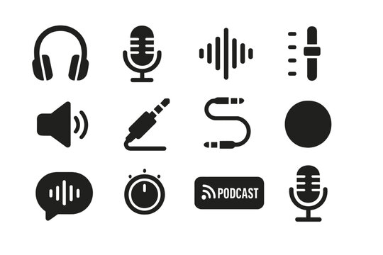 Podcast and audio equipment icons on dark background