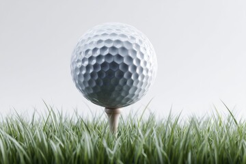 Golf ball atop a tee in grass.  A white golf ball sits perfectly on a tee, centered in a field of  short, vibrant green grass