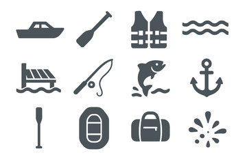 Nautical icons: boat, oar, vest, waves, dock, fishing, fish, anchor, paddle, lifebuoy, bag, splash