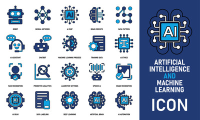 AI and machine learning icon colored and outline in flat style, perfect for tech and data themes.