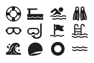 Set of aquatic icons featuring swim gear and pool safety items
