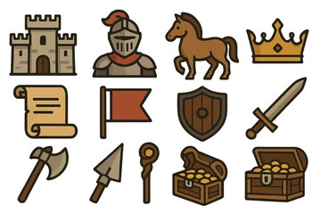 Medieval icons set featuring knight, castle, crown, sword, treasure chest, and more