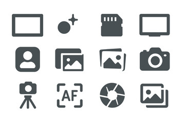 Blue photography icons on textured background featuring camera and memory card