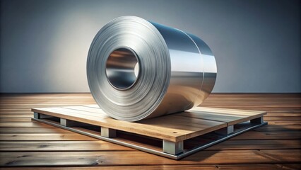 Rolled steel coil resting on a wooden pallet, a symbol of industrial strength and efficient logistics for material handling and transport.