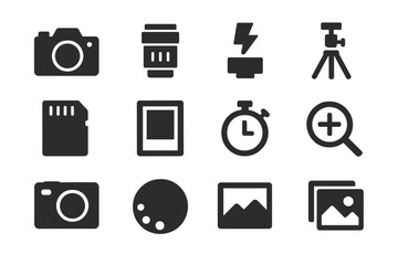 Camera equipment icon set on dark background featuring various photography tools