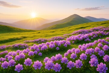 Vibrant purple flowers blooming across green hills at sunrise in a dreamy landscape with glowing light and distant mountains in background. Ai generative.