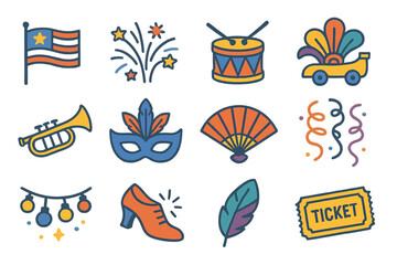 Colorful carnival icons: parade, fireworks, mask, and more in vibrant style