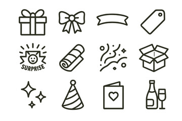 Celebration icons: gift, party hat, sparkle, surprise, bottle, and holiday elements