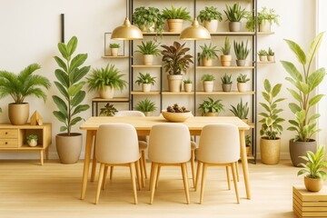 Cozy dining room interior with green potted plants, modern wooden furniture, and soft natural light in a minimalist home decor style background.