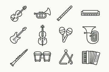 Obraz premium Collection of musical instrument line icons including violin, trumpet, and guitar