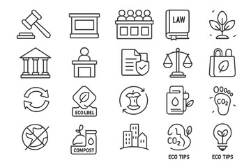 Eco-friendly legal and environmental icons on gray background
