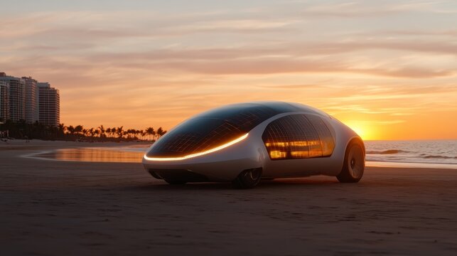 A sleek, futuristic solar-powered car sits on a sandy beach as the sun sets, symbolizing the harmony of innovation and nature in modern transportation. - Powered by Adobe