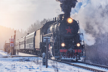 Retro train departs from the platform.