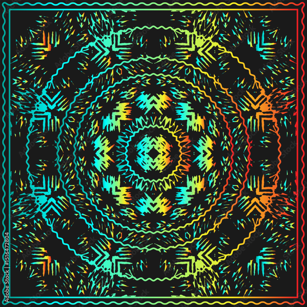 Aufkleber multicolored bandana with gradient circular pattern on black background. design for tablecloth, neck