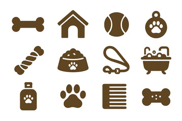 Brown silhouettes of pet essentials on textured background: toys, food, bath, and care icons