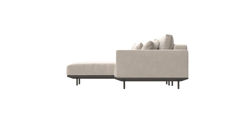 Beige sectional sofa side view isolated.
