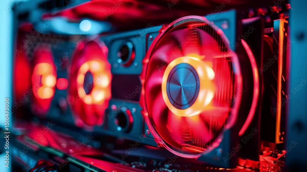 Poster close-up of a high-performance computer graphic card with glowin
